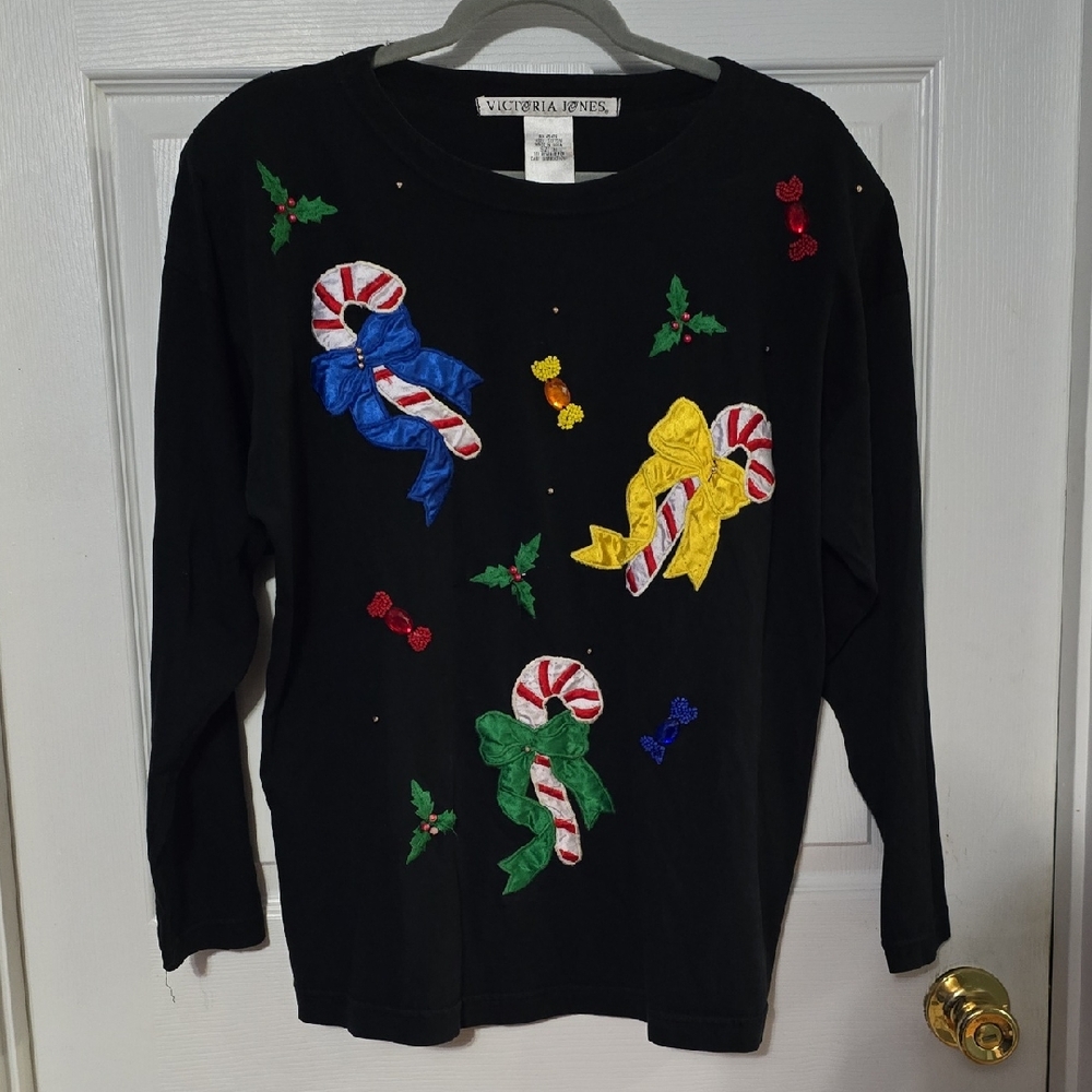 Victoria Jones Woman Black Long Sleeve Top with Colorful Candy Design
